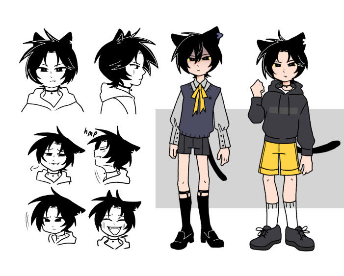 (Full body front + Clothes change + 4 monochrome expressions and profile)